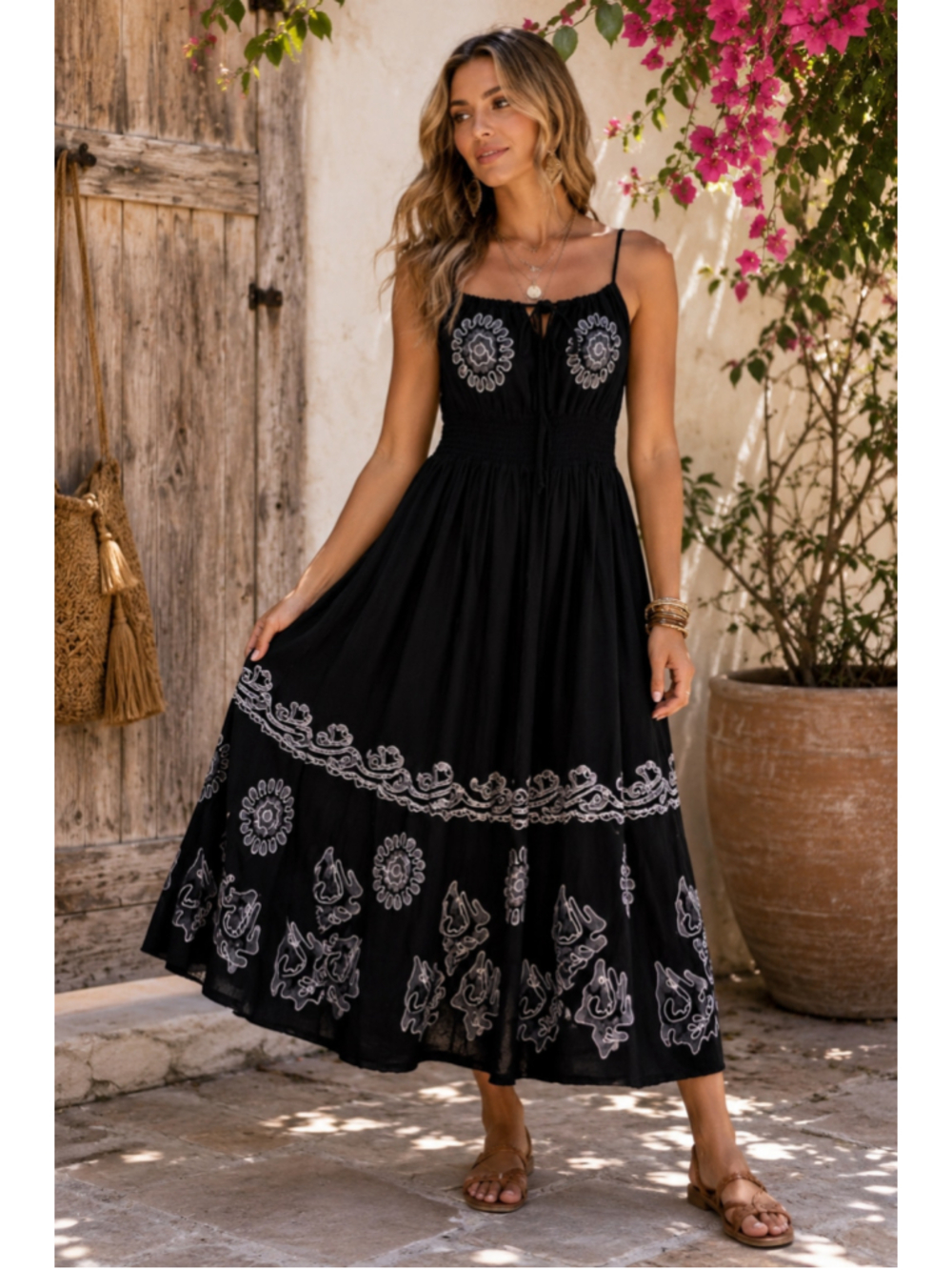 Women's Rhea Black and White Embroidered Maxi Dress Size one size
